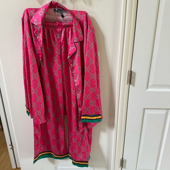 DALIA MACPHEE 2pc Satin Geo Print Pajama Top And Pants Set  in Pink and Green L - Picture 7 of 16